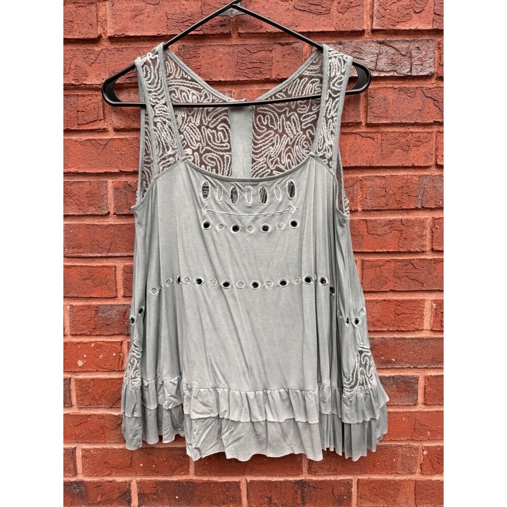 POL Babydoll Sleeveless Green Distressed Tunic-Crochet-small BOHO-Hi Lo